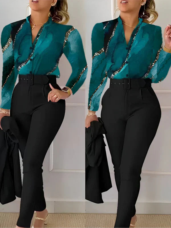 Weibliches Oberteil V-Ausschnitt mit High-Waist-Hose