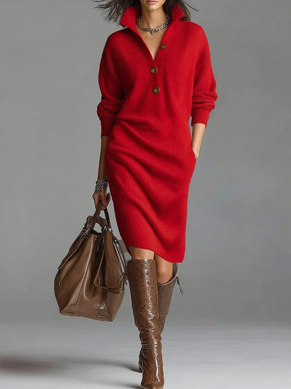 Damen Midikleid Elegant Knöpfchen V-Ausschnitt