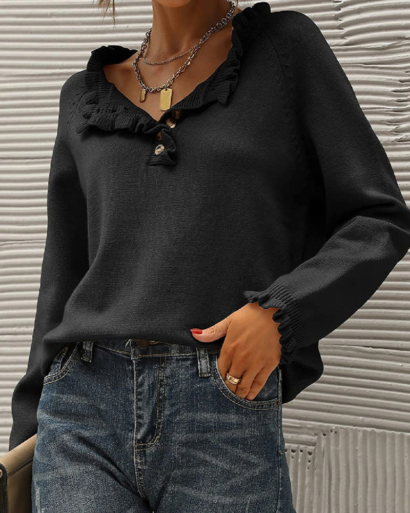 Stylischer Einfarbiger Pullover mit Rüschen Detail