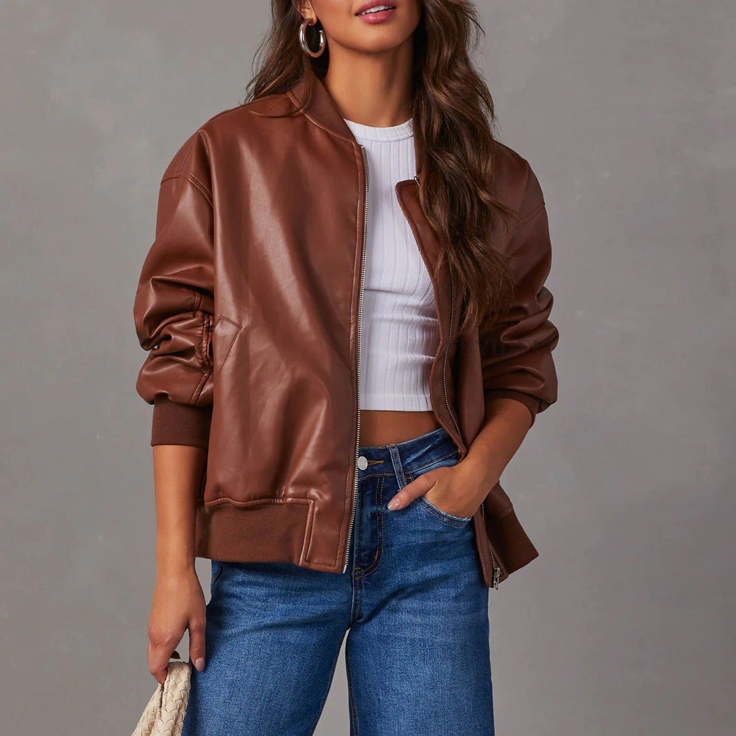 Leder Bomberjacke Damen Reißverschluss Style