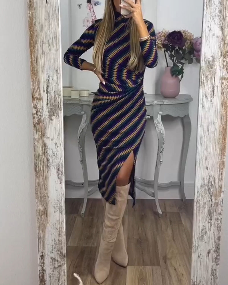 Moderne Damenkleid Streifen Stehkragen