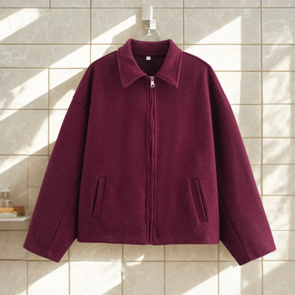 Damen Kurzjacke Boxy Style Spitzkragen Reißverschluss