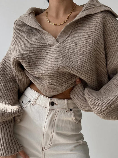 Gemütlicher Strickpullover Latzen Ärmel Offener Kragen