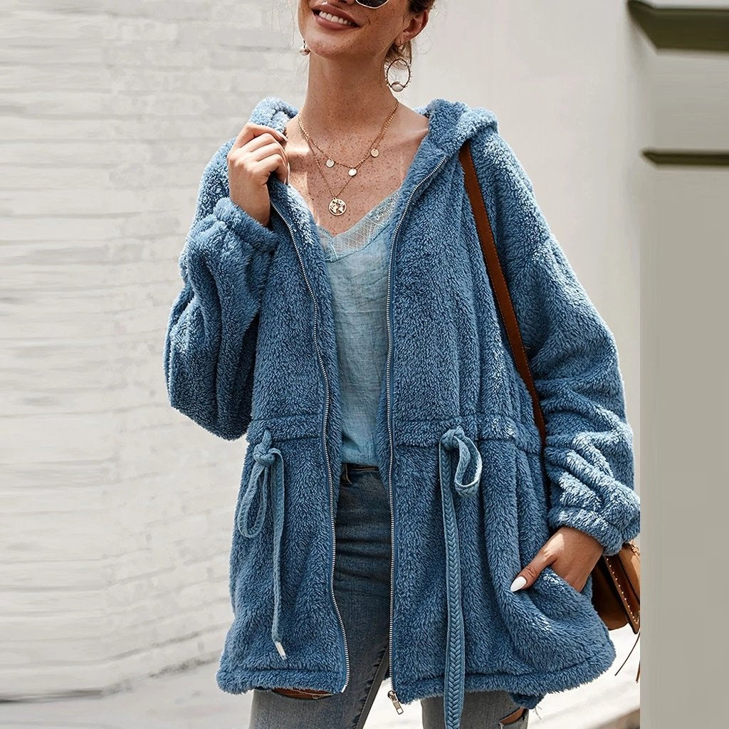 Weiche Teddyjacke Oversized mit Kapuze und Taschen
