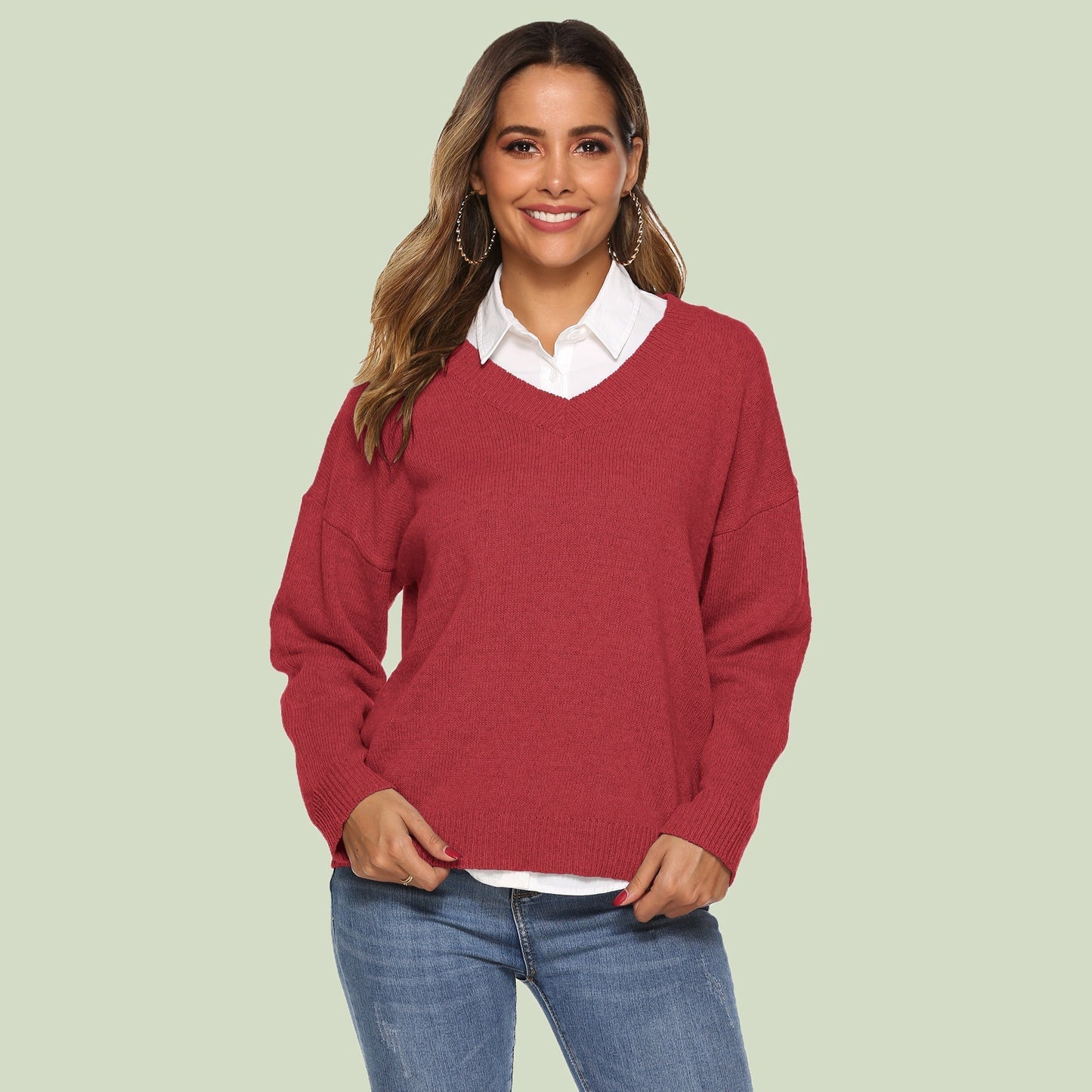 Strickpullover Damen V-Ausschnitt Bequem Langärmlig