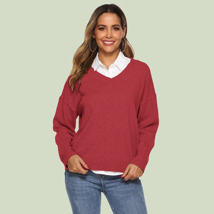Strickpullover Damen V-Ausschnitt Bequem Langärmlig