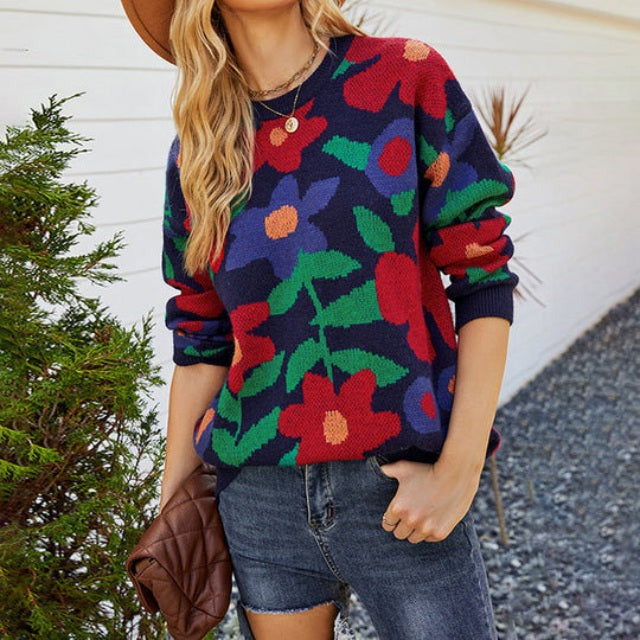 Blumenmuster Strickpullover Damen