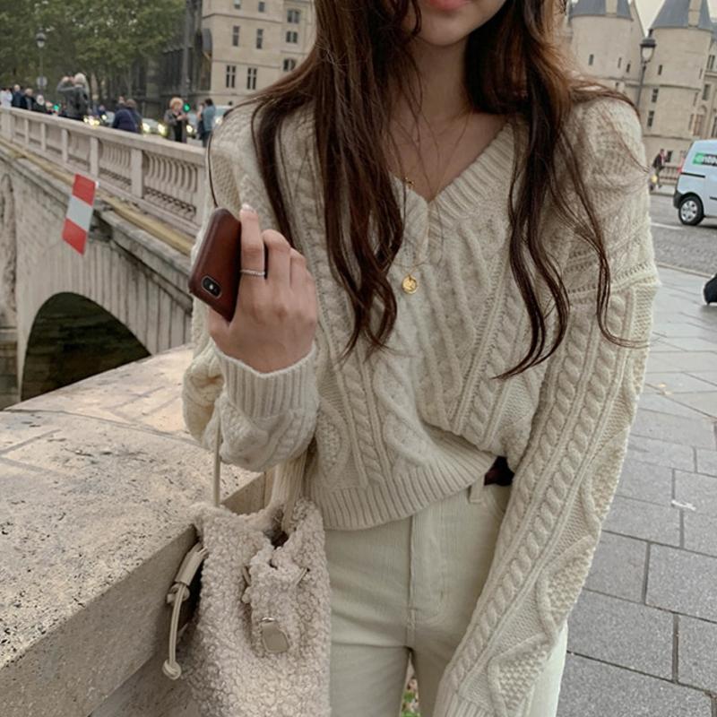 Strickpullover Damen V-Ausschnitt Lässig Langärmlig - IdealeKleiden