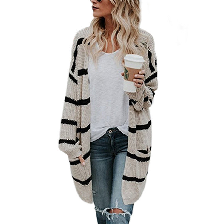 Damen Strickcardigan Lässig Streifen Design Offene Vorderseite