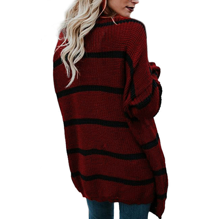 Damen Strickcardigan Lässig Streifen Design Offene Vorderseite