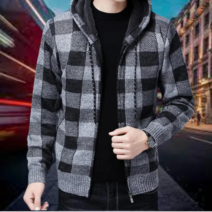 Herrenstrickjacke Hochwertig Karierter Hoodie
