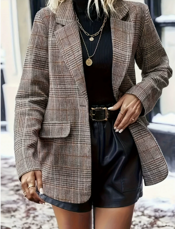 Elegante Damenblazer Lange Karomuster Damenjacke