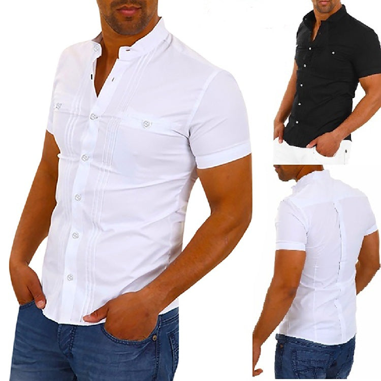 Herren Hemd Kurzarm Modern Stehkragen Elegante Knöpfe - IdealeKleiden
