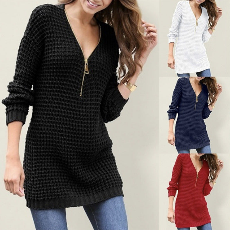 Damen Strickpullover Reißverschluss Modern Struktur - IdealeKleiden