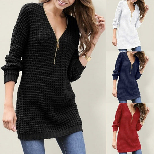 Damen Strickpullover Reißverschluss Modern Struktur - IdealeKleiden