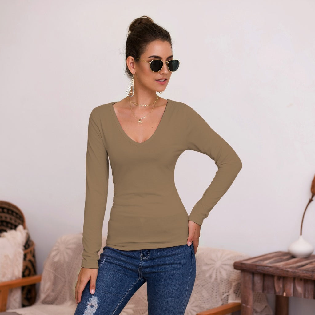 Damen Langarmshirt V-Ausschnitt Elegant Slimfit