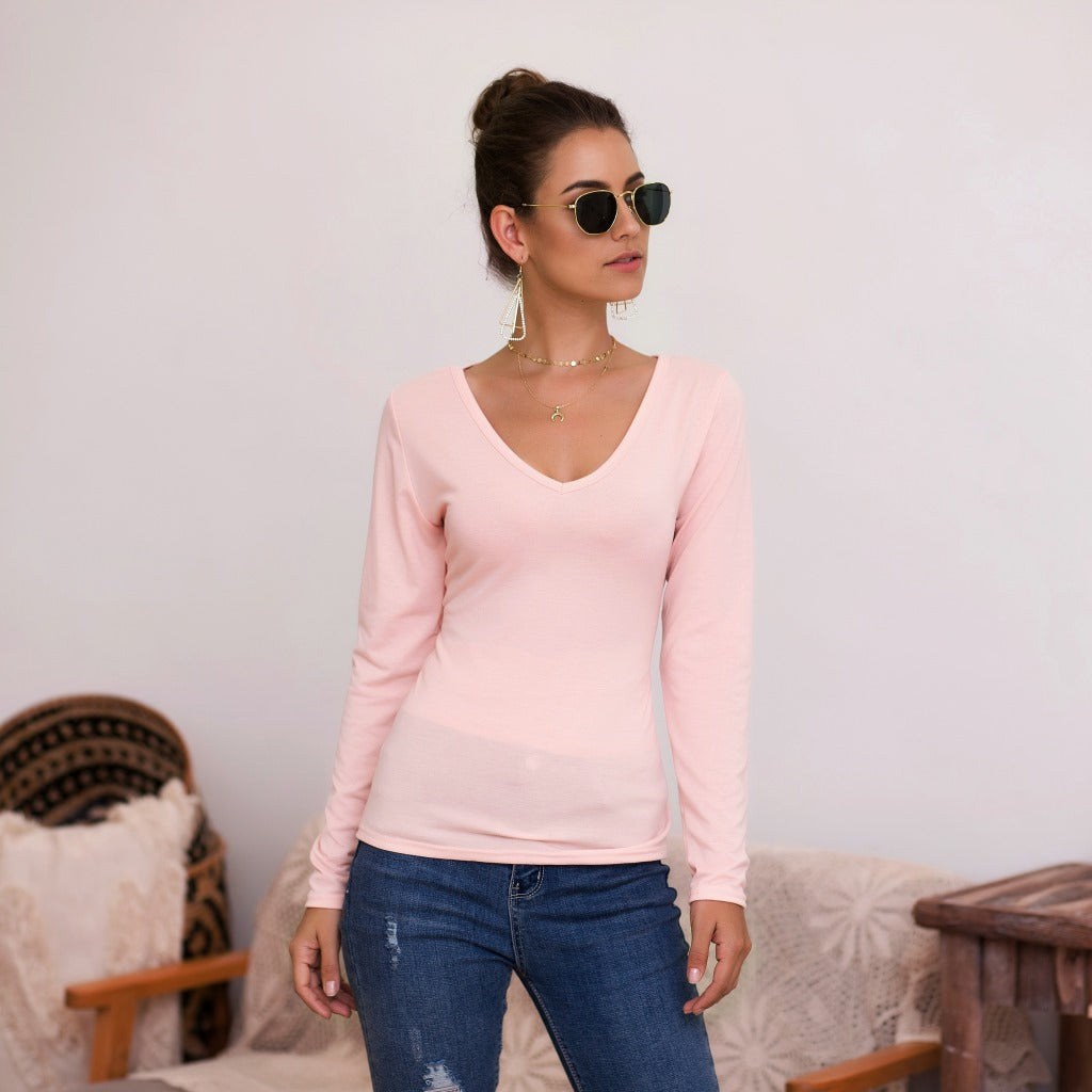 Damen Langarmshirt V-Ausschnitt Elegant Slimfit