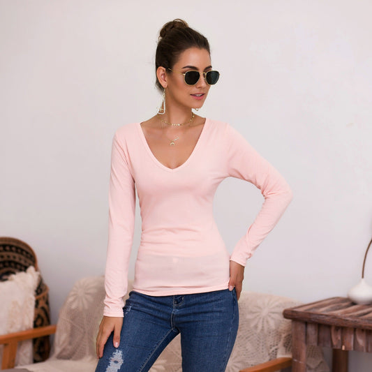 Damen Langarmshirt V-Ausschnitt Elegant Slimfit - IdealeKleiden