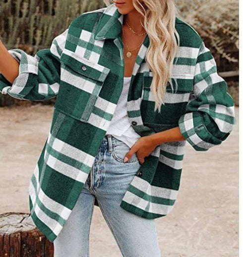 Übergroße Karo Shirtjacke Lang mit Brusttasche