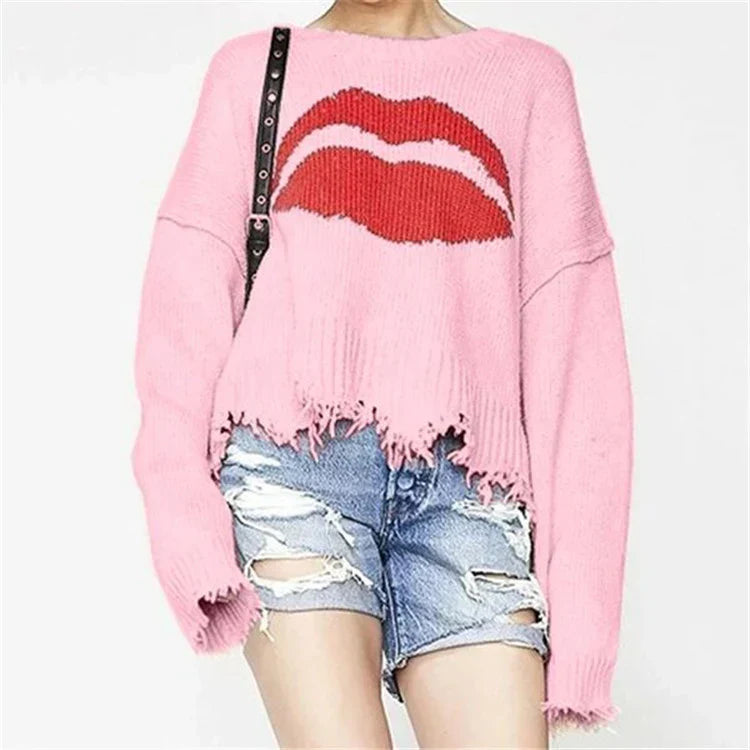 Übergrößes Sweatshirt mit Lippen-Motiv und Fransen