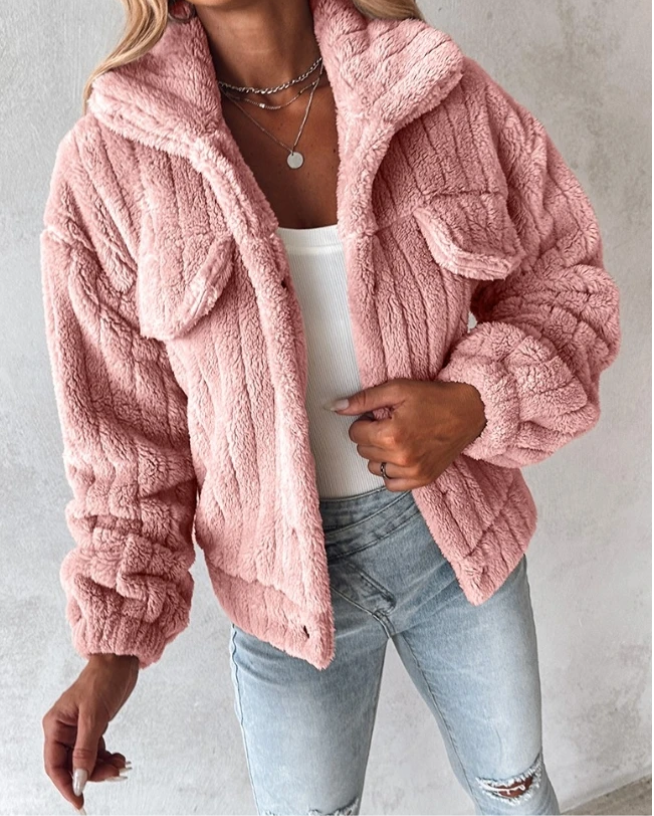 Damen Sherpa Jacke Knopfverschluss Modern Sportlich