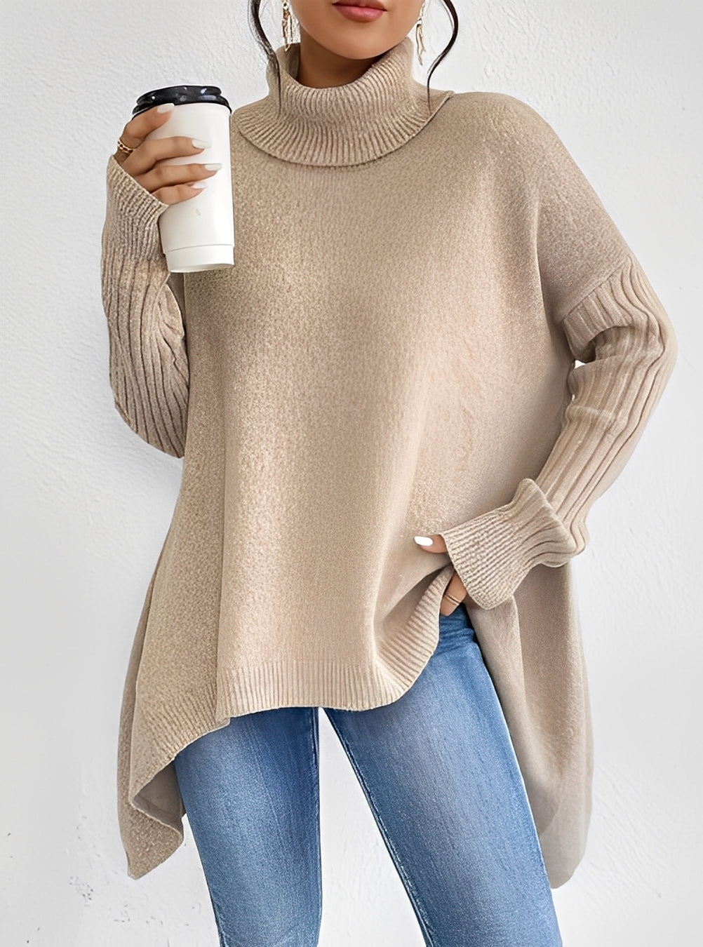 Elegante Damenpullover Lang Rollkragen Chic