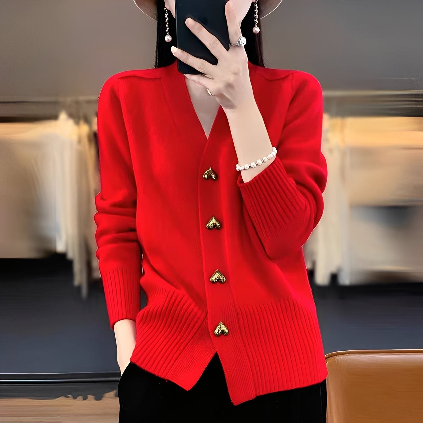 Frauen Strickjacke Herzknöpfe Elegант