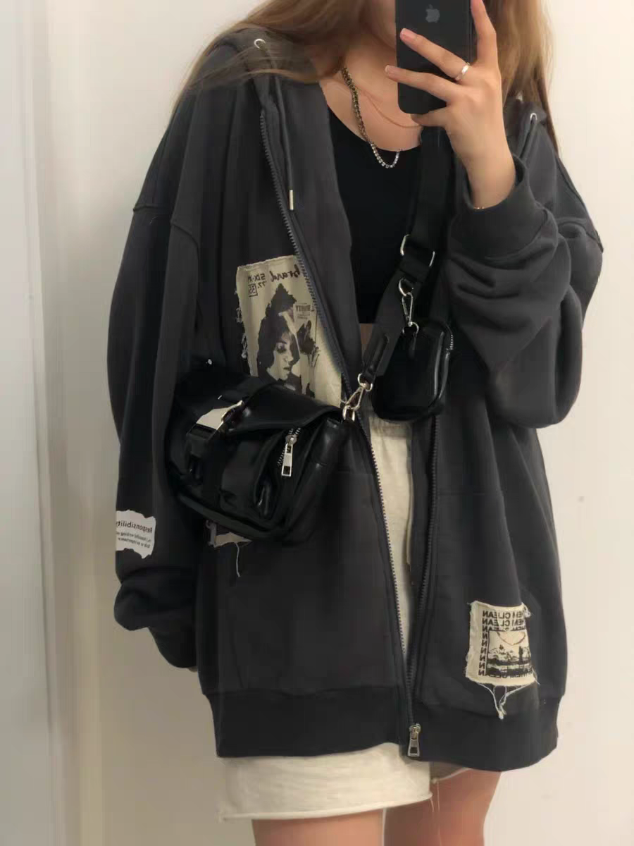 Stylische Hoodie Mit Motivdruck Und Reißverschluss - IdealeKleiden