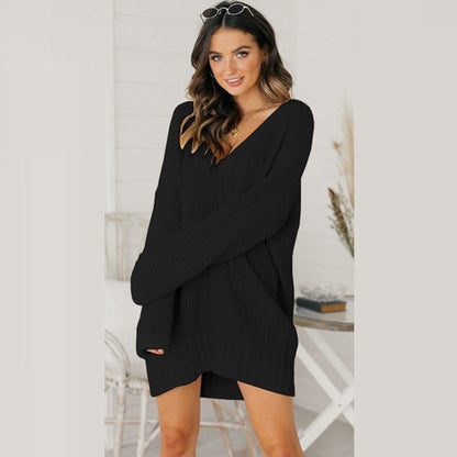 Damen Pulloverkleid Grobstrick V-Ausschnitt Lässig Chic