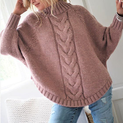 Damen Pullover Grobstrick Hochkragen Zopfmuster