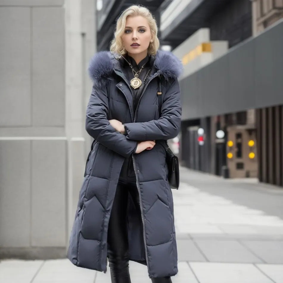 Damen Daunenmantel Lang Kragen Warm Elegant