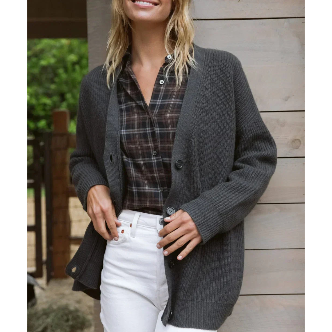 Lange Strickjacke Bequem V-Ausschnitt Wollmix