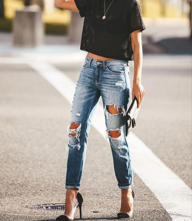 Damen Ripped Jeans Slim Fit mit Fransen Detail - IdealeKleiden