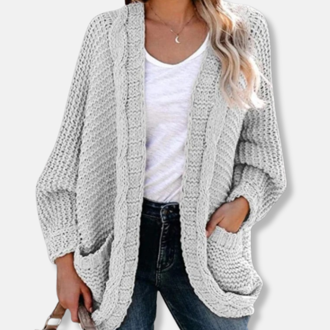Übergroßer Wollcardigan mit Rippenmuster und Vordertaschen