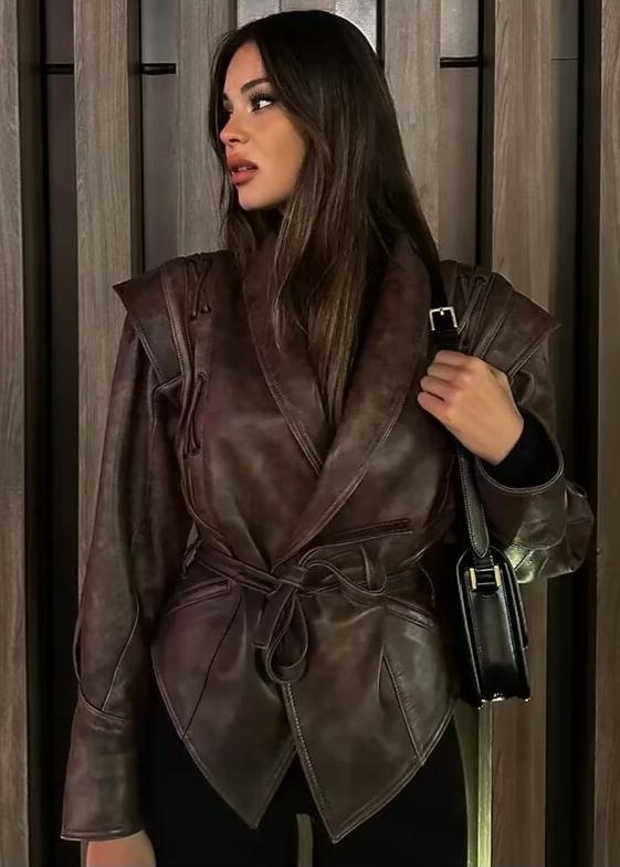 Leder Wickeljacke Gürtel Elegant Schwarz - IdealeKleiden