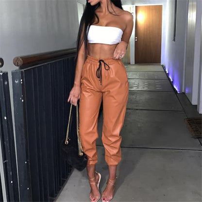 Damen Jogginghose Soft Kunstleder Elastisch