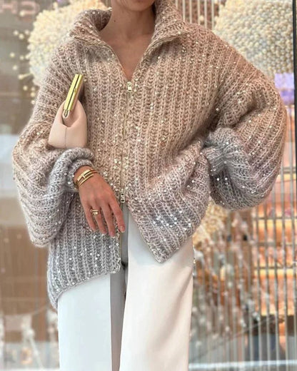 Lässiger Glitzer Pullover V-Ausschnitt Damen - IdealeKleiden