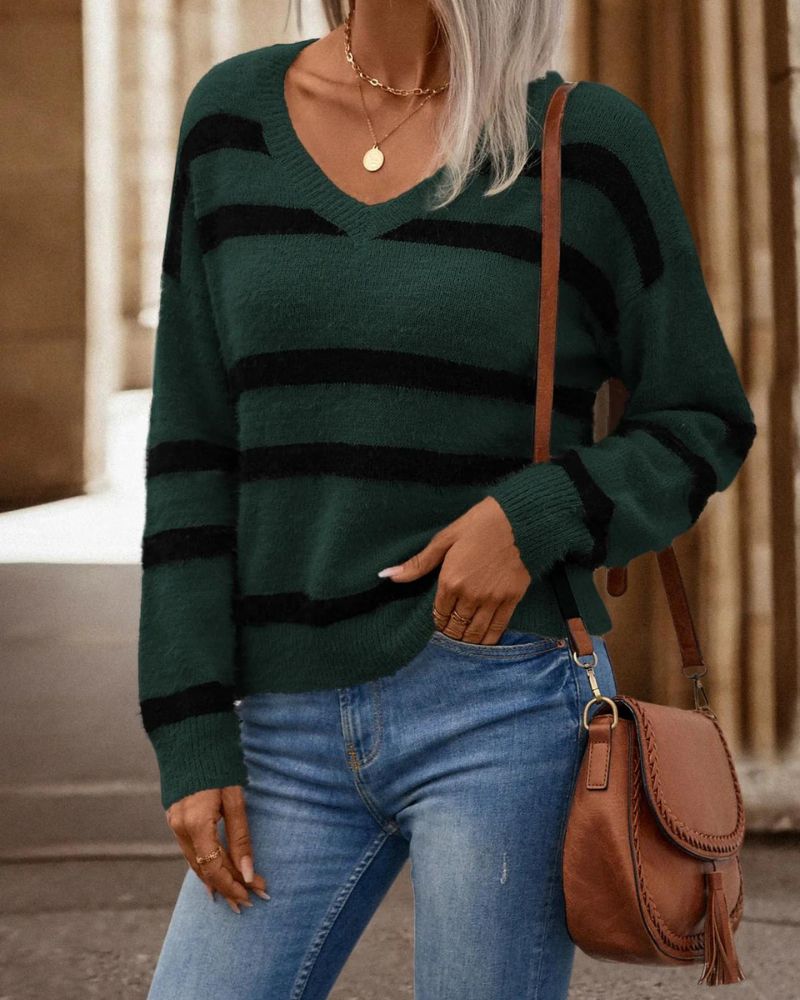 Frauen Pullover Drop Schulter Streifen Design