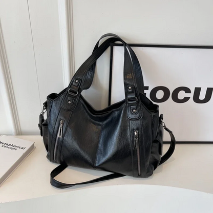 Elegante Damenhandtasche Leder Schwarz Mit Reißverschluss