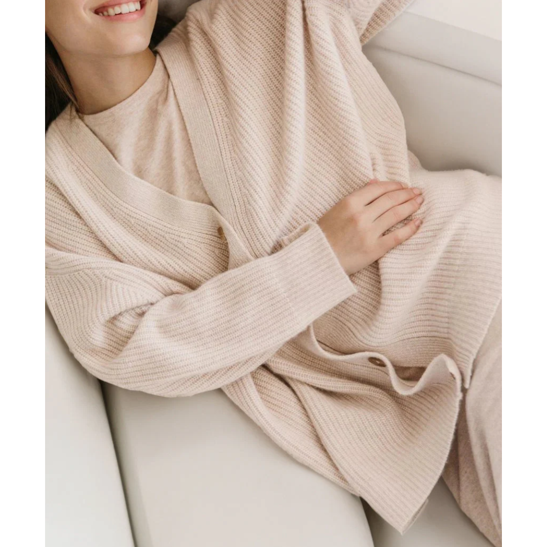 Lange Strickjacke Bequem V-Ausschnitt Wollmix