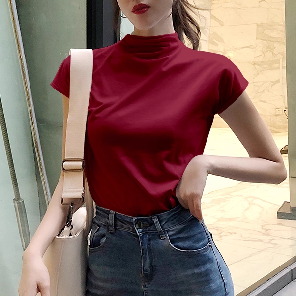 Damen Top Kurzarm Elegant Hochkragen