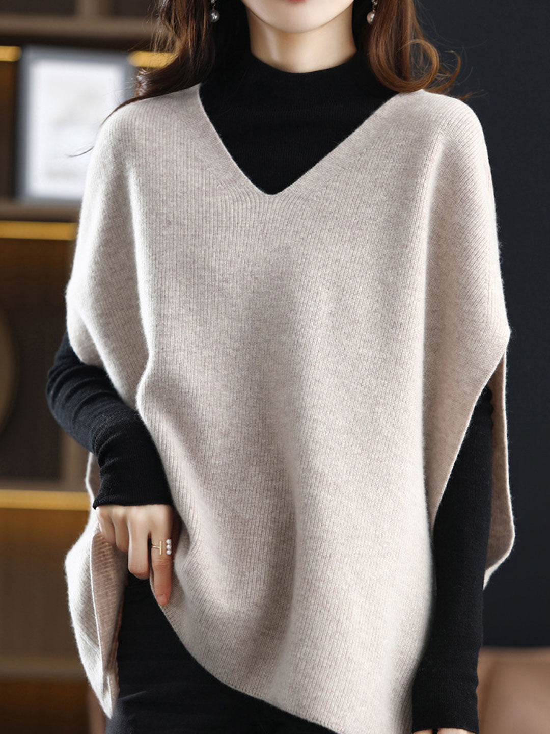 Damen Strickpullover V-Ausschnitt Einfarbig
