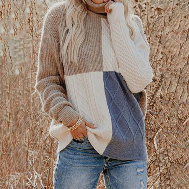 Modisches Kleid | Gestrickter Pullover Kontrastfarben