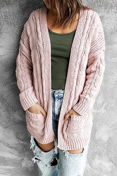 Lange Strickjacke Offene Vorderseite Mit Taschen - IdealeKleiden