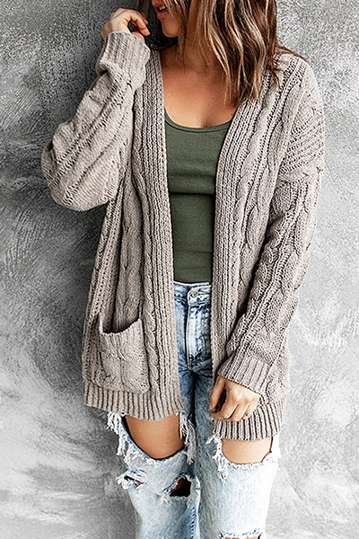 Lange Strickjacke Offene Vorderseite Mit Taschen