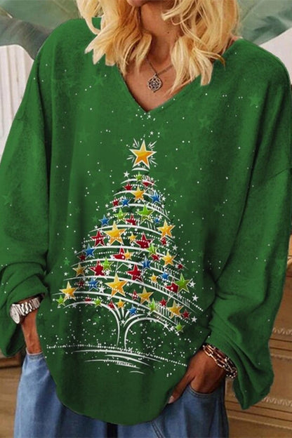 Weihnachtsbaum Print Top Lässig V-Ausschnitt Frauen