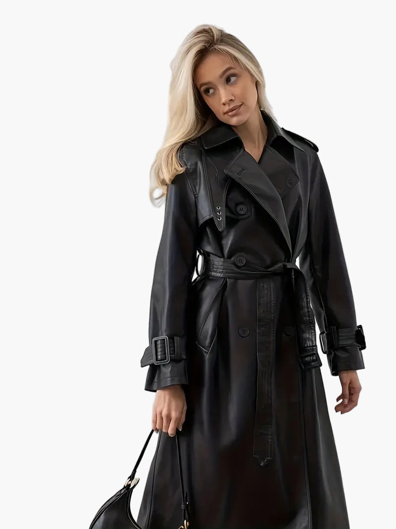 Damen Trenchcoat Lang Kunstleder Elegant - IdealeKleiden
