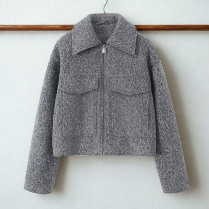 Damen Kurzjacke Boxy Style Spitzkragen Reißverschluss