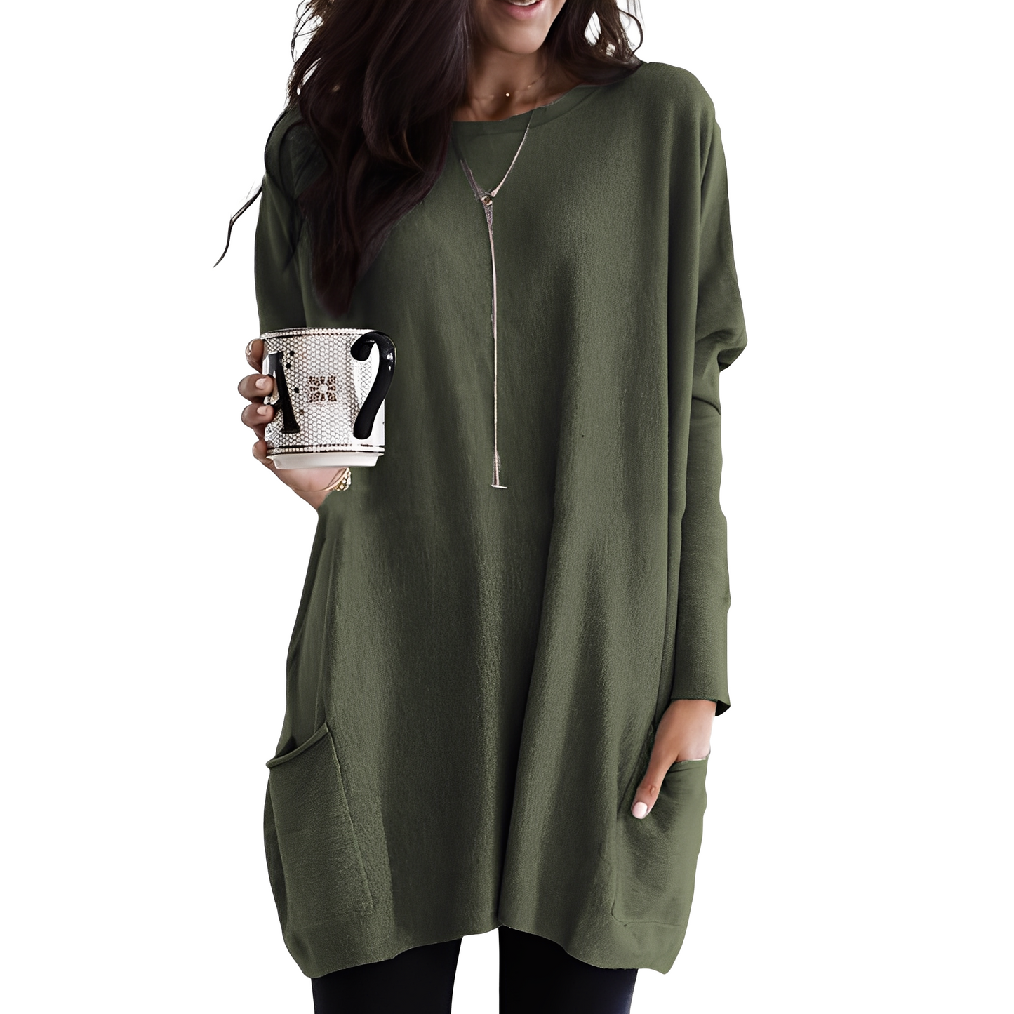 Damen Pullover Lang Bequem Mit Taschen