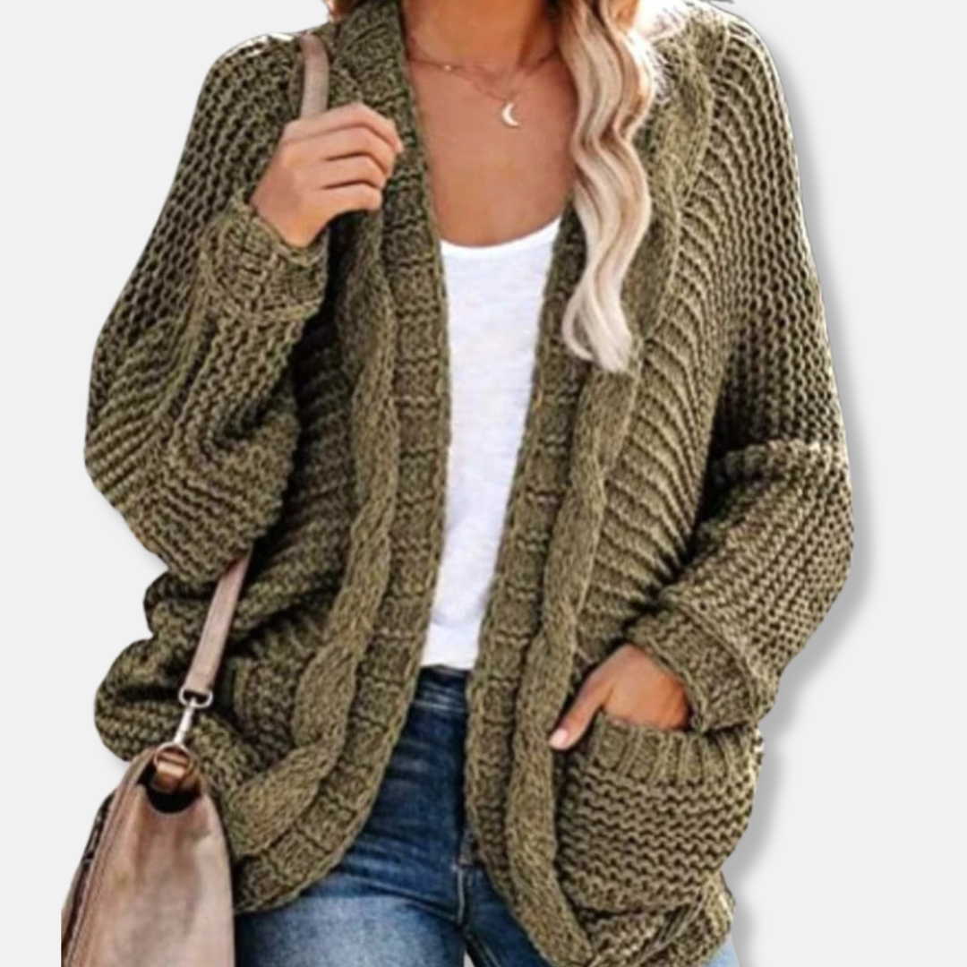Übergroßer Wollcardigan mit Rippenmuster und Vordertaschen